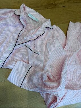 Needham Lane Pink and White Striped Pajama Set with Black Piping